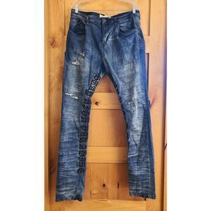 R3bel Jeans Sz 36 Embroidered Inseam 35 Dark Wash Faded Distressed‎ Spellout